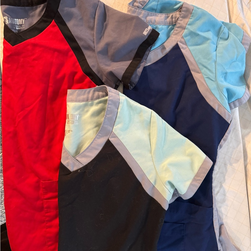 Set of Three Scrub Tops in Red, Blue, and mint
